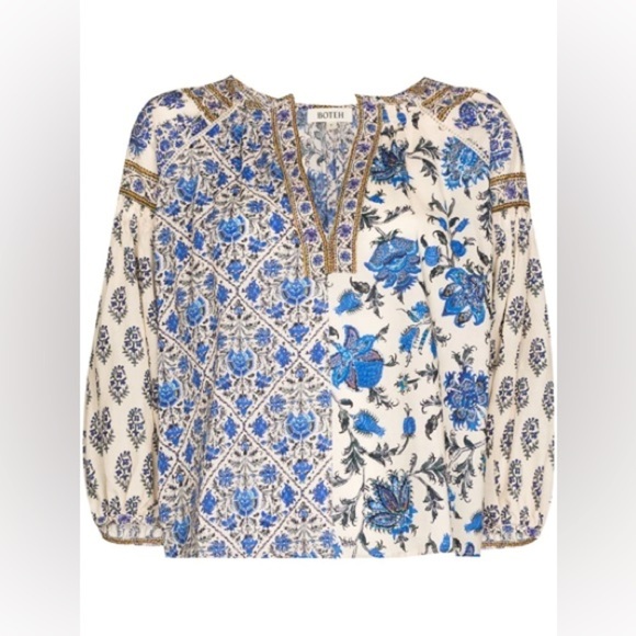 Boteh / Lazuli Smock Top neutral floral puff sleeve Blue 1 small 4 - Picture 6 of 12